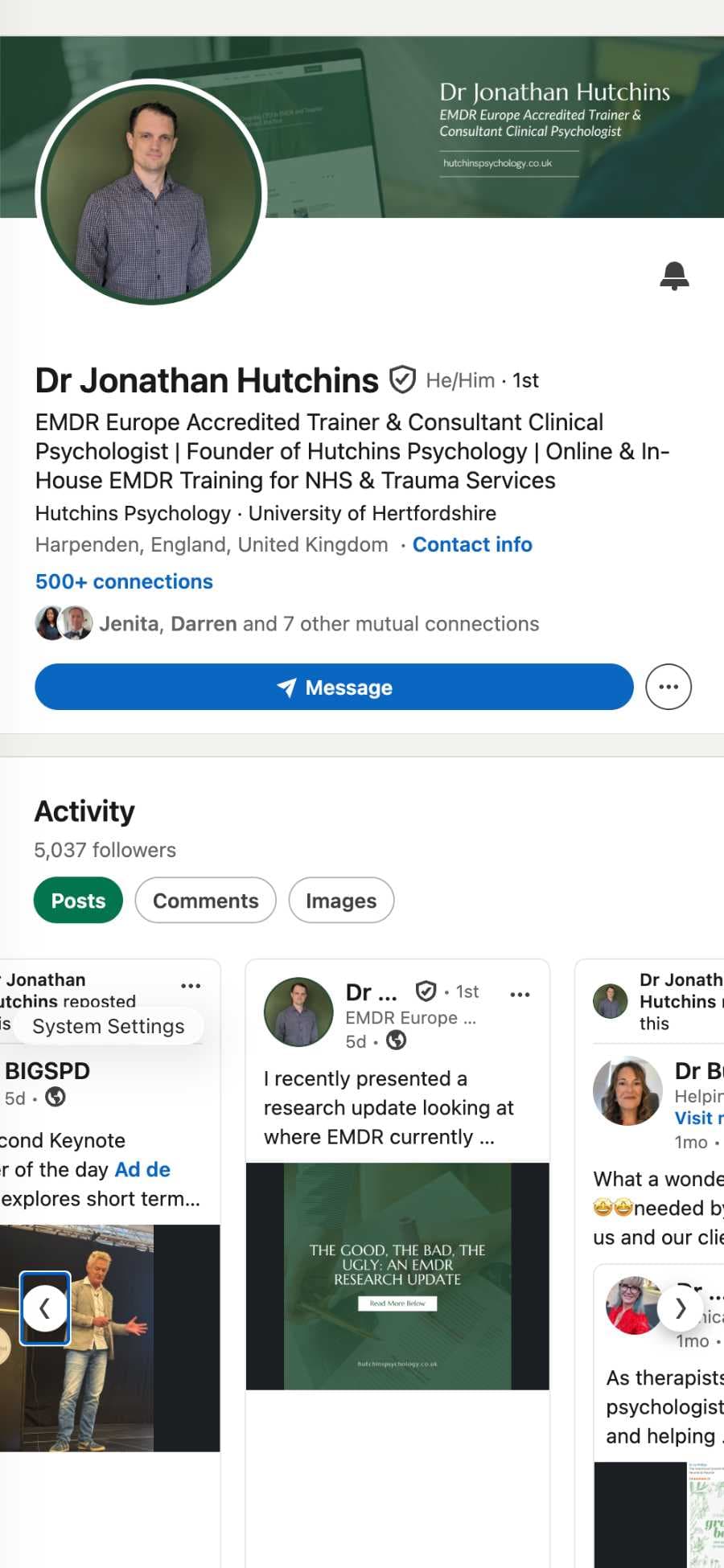 Dr Jonathan Hutchins LinkedIn profile — EMDR Europe Accredited Trainer